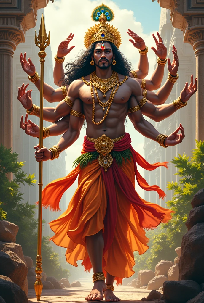 "Create a vibrant and dynamic image of Lord Murugan, also known as Kartikeya or Murugar Vel. He is depicted as a handsome and youthful god, standing tall with an aura of divine power and grace. He has six faces, each radiating wisdom, courage, and compassion, and twelve arms, each holding various weapons, including his divine spear, the Vel, which symbolizes his role as the destroyer of evil. He wears traditional South Indian royal attire adorned with intricate jewelry, including a crown with pe