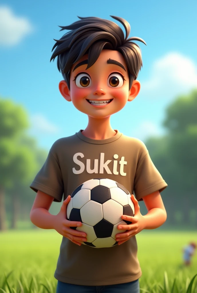One boy holding a football name sukit written on t shirt