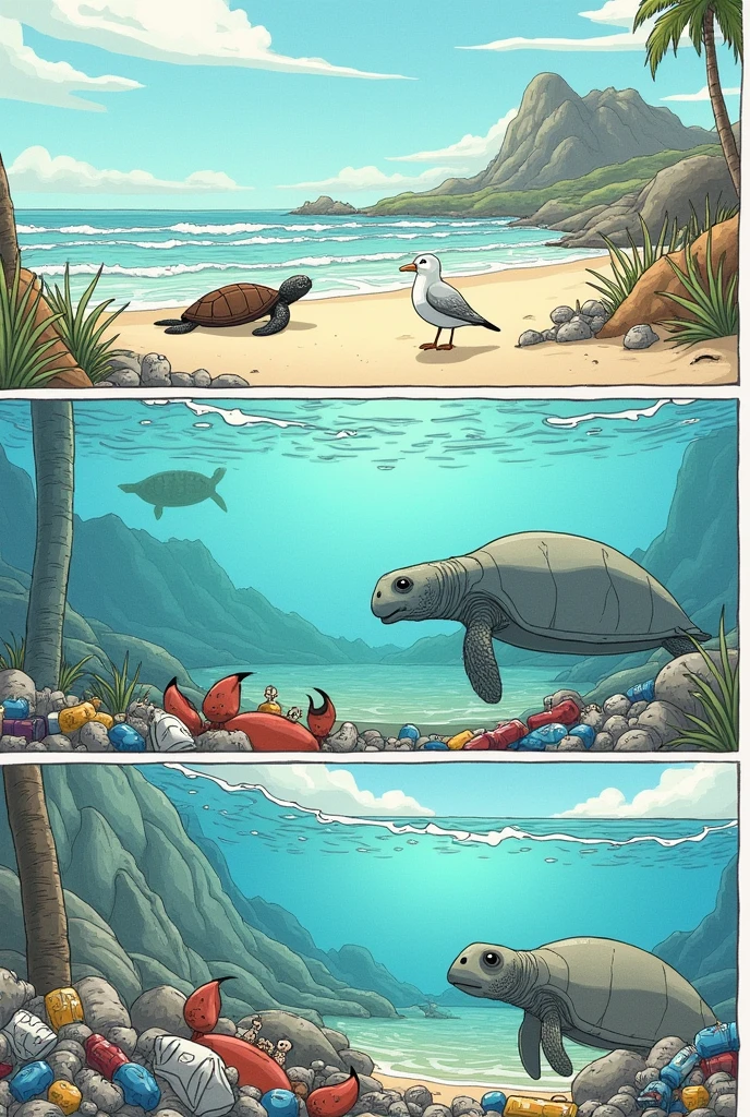 Make a comic strip in drawings where the story is :

**Table 1:**
*supper: A turtle is resting on a beach, looking at the sea, as a seagull lands next to you.*

**Dialogue:**
tortoise: "Life here at the beach was so peaceful... Just the sound of the waves and the sea breeze."

**Table 2:**
*supper: A manatee emerges from the water and swims near the turtle and the seagull, as a crab appears on the sand, next to the turtle.*

**Dialogue:**
Manatee: "It is, but now there is so much plastic in the water that I&#39;m starting to feel like I&#39;m at a trash festival."

**Table 3:**
*supper: The seagull picks up a plastic bag from the ground and holds it with its beak, as the crab tries to dodge a soda can that rolled onto the beach.*

**Dialogue:**
seagull: "I&#39;ve caught more trash than fish today. Do you think anyone will care if I start charging for this??"

**Table 4:**
*supper: All the animals look at each other with a look of resignation. The turtle sighs deeply.*

**Dialogue:**
tortoise: "good, At least the beach has become a tourist spot... só falta a parte do 'paraíso'

Dialogue em português 