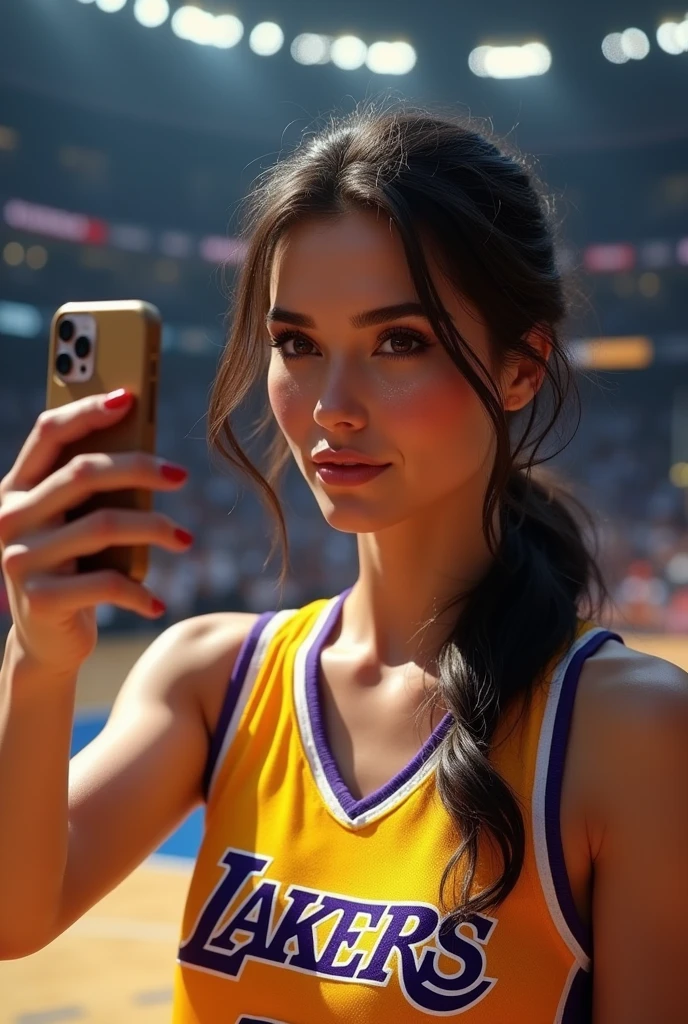 ,Italian brunette Bellucci woman, (((Very beautiful 2 girl))), pretty gir､ ((beautiful low ponytail)), super cute face, glossy lips, double eyelids in both eyes, kiss、 natural makeup, long eyelashes, Shiny and smooth hair､center image, perfect limbs, perfect anatomy,(((basketball Lakers uniform)))、,(wet with sweat),full body, she takes selfie, in reel stadium of lakers basketball in back, she are in tribune, masterpiece,超A high resolution),Italian brunette Bellucci woman, (((Very beautiful 2 girl))), pretty gir､ ((beautiful low ponytail)), masterpiece,超A high resolution),Italian brunette Bellucci woman, (((Very beautiful 2 girl))), pretty gir､ ((beautiful low ponytail)),she kisses cam with her mouth, no reflection on her body, more realistic, iPhone quality, more dynamism, clearly see the stadium in the background, without her pant, most reel, not in portrait mode, to see the stadium in background