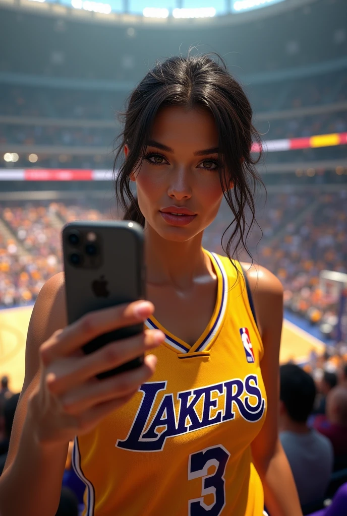 ,Italian brunette Bellucci woman, (((Very beautiful 2 girl))), pretty gir、 ((beautiful low ponytail)), super cute face, glossy lips, double eyelids in both eyes, kiss、 natural makeup, long eyelashes, Shiny and smooth hair、center image, perfect limbs, perfect anatomy,(((basketball Lakers uniform)))、,(wet with sweat),full body, she takes selfie, in reel stadium of lakers basketball in back, she are in tribune, masterpiece,超A high resolution),Italian brunette Bellucci woman, (((Very beautiful 2 girl))), pretty gir、 ((beautiful low ponytail)), masterpiece,超A high resolution),Italian brunette Bellucci woman, (((Very beautiful 2 girl))), pretty gir、 ((beautiful low ponytail)),she kisses cam with her mouth, no reflection on her body, more realistic, iPhone quality, more dynamism, clearly see the stadium in the background, without her pant, most reel, not in portrait mode, to see the stadium in background