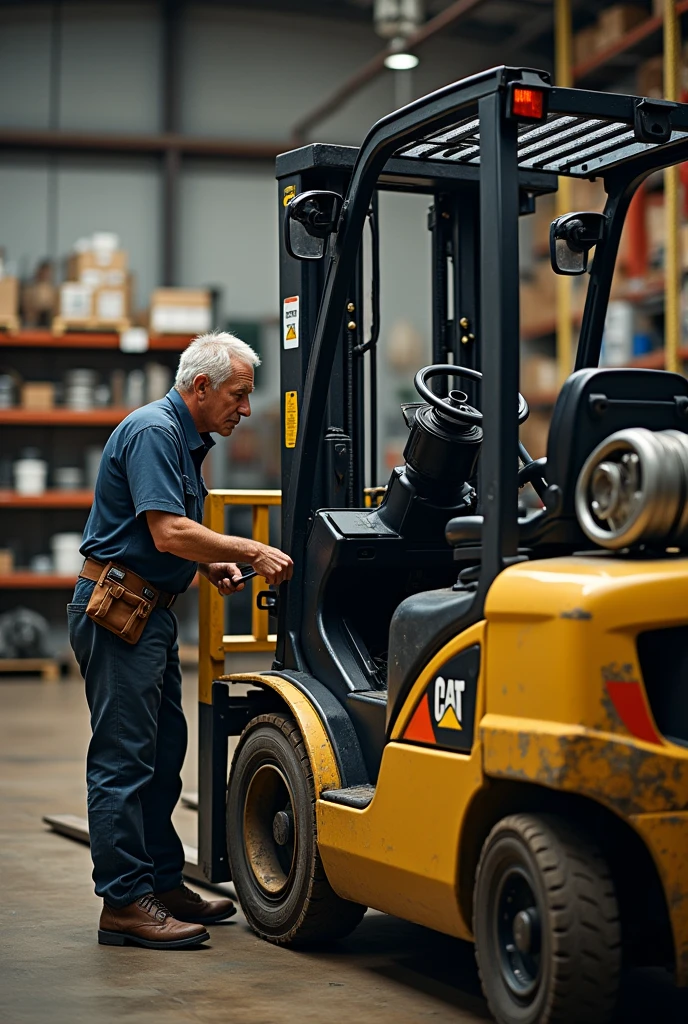 Technician performing maintenance on a Caterpillar forklift
