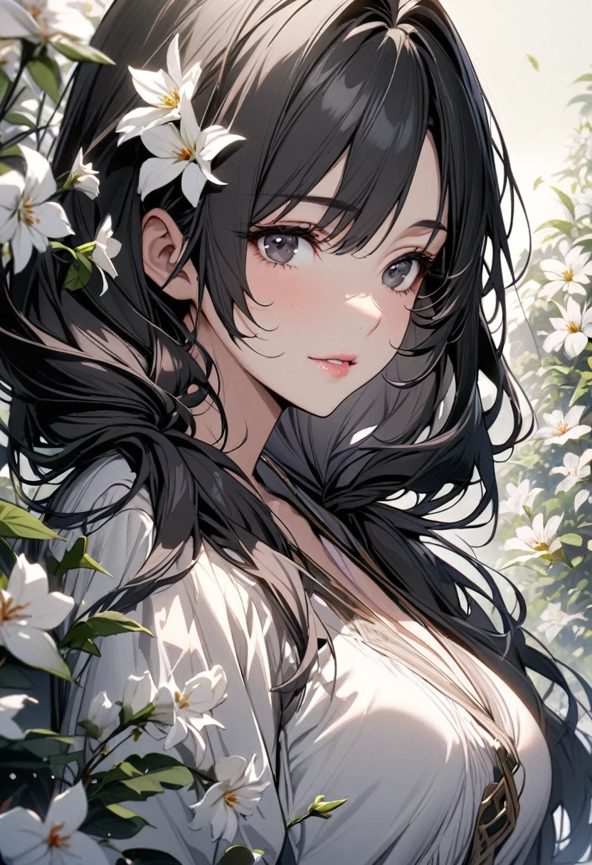 girl, mature, black eyes, black hair, long hair, white flower, beautiful eyes, beautiful color, high detail, low twin tails
