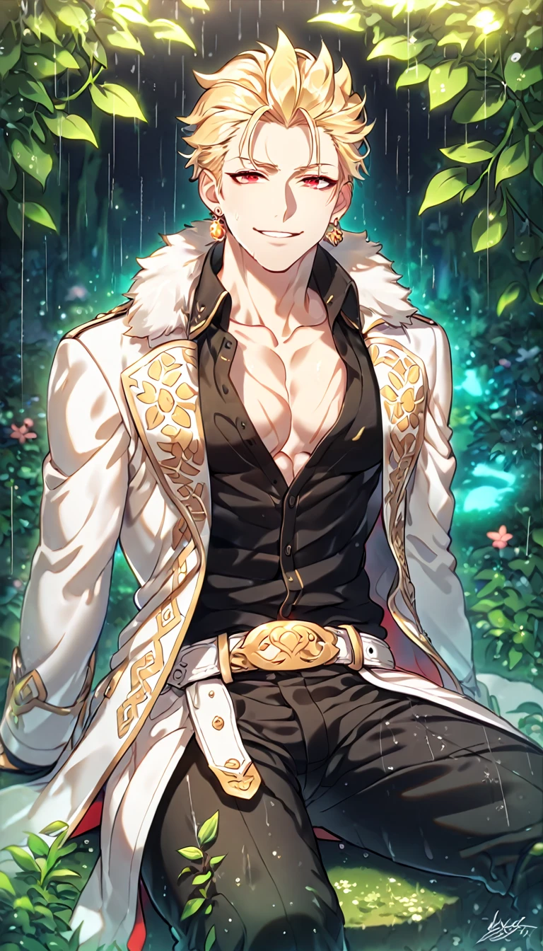 absurdres, highres, ultra detailed, HDR, master piece, best quality, extremely detailed, detailed eyes, detailed face, Gilgamesh, blonde hair, hair slicked up, ruffled hair, golden earrings, expressive red eyes, Fate Stay Night, solo, sexy man sitting, handsome, horny, lewd, manly man, adult face, sensual, smile, wet, white coat with fur, black shirt, showing the chest, black pants, white belt, unbuttoned shirt, black pants, spring, flowers, green leaves, magical forest, dark fantasy, rain, night