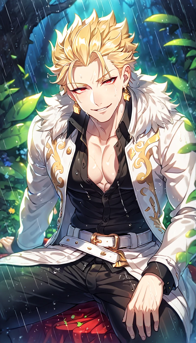absurdres, highres, ultra detailed, HDR, master piece, best quality, extremely detailed, detailed eyes, detailed face, Gilgamesh, blonde hair, hair slicked up, ruffled hair, golden earrings, expressive red eyes, Fate Stay Night, solo, sexy man sitting, handsome, horny, lewd, manly man, adult face, sensual, smile, wet, white coat with fur, black shirt, showing the chest, black pants, white belt, unbuttoned shirt, black pants, spring, flowers, green leaves, magical forest, dark fantasy, rain, night