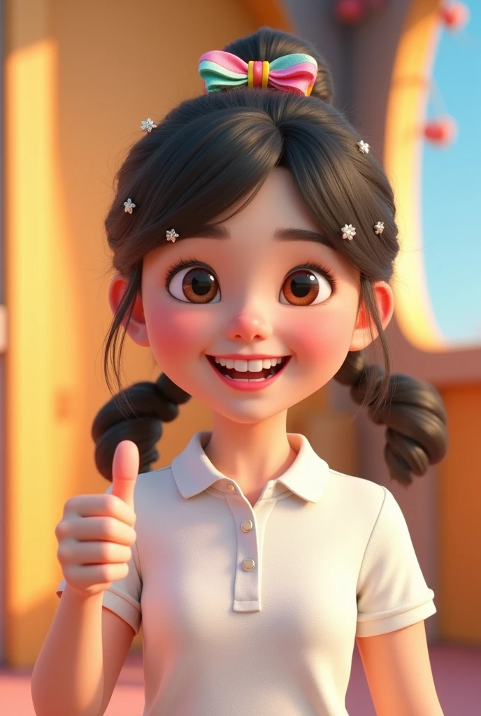 3D happy animated girl wearing white polo shirt and making like symbol with craft outfit 