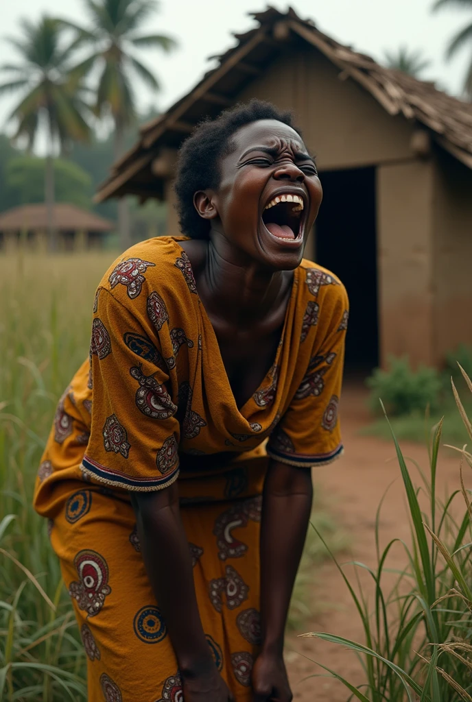 Generate an image of a young african igbo woman of about 35years and wailing  in front of her hut 