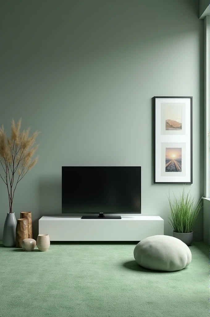 Create for me a picture of a room painted gray with green carpet with a flat Television but on right side of TV should have a picture Gallery Wall with 5 picture