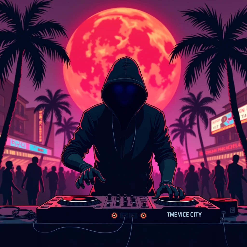Black shadow of an electronic dj at a party in cartoon style, Vice City GTA, red moon background