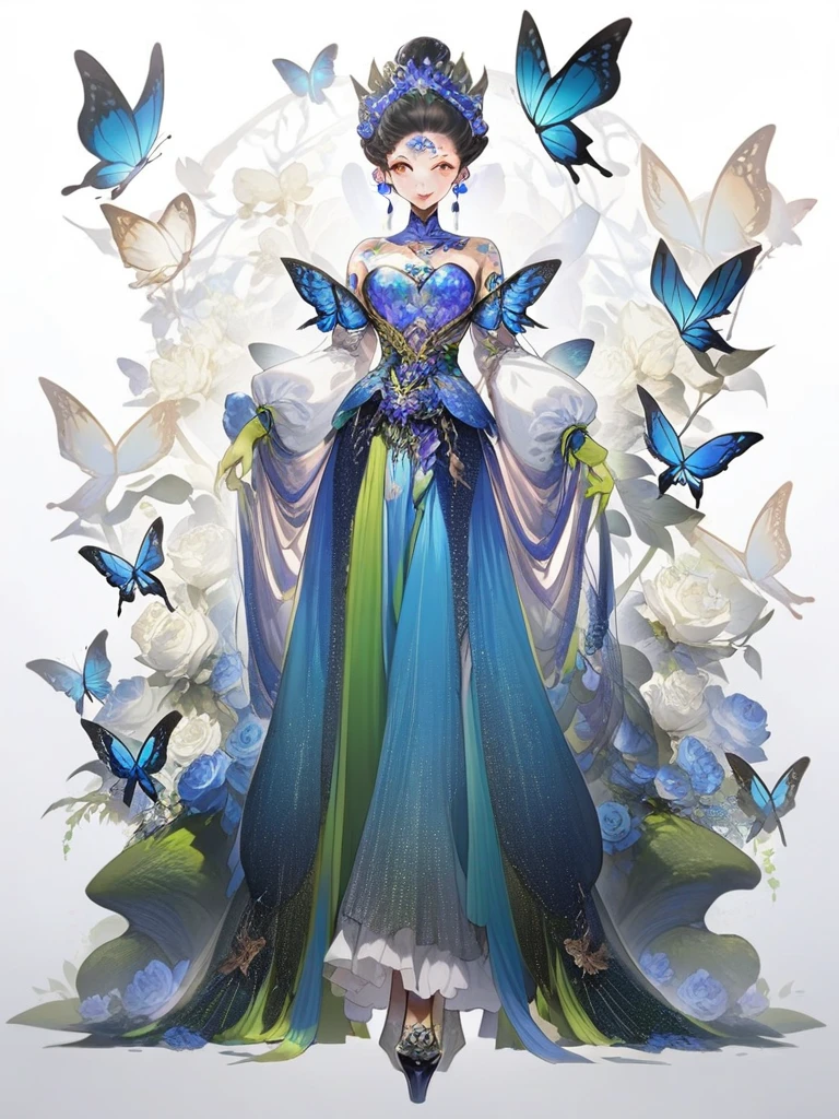 (1 Anthropomorphism of butterflies), (standing full-body), (Full body standing painting), 1 Princess,(standing full-body),solo, long skirt,character design, fanciful, tmasterpiece,top Quority,best qualtiy,ultra high resolution,Exquisite facial features