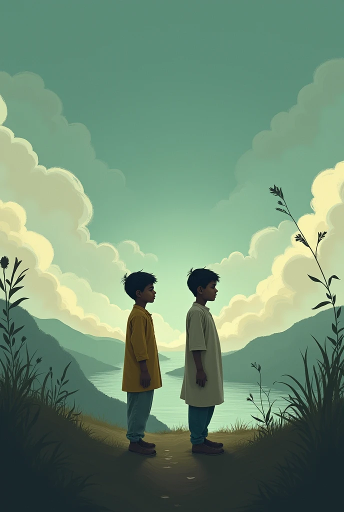 One Sad Indian Bengali 2 boys standing alone, song poster, creative background , landscape size image