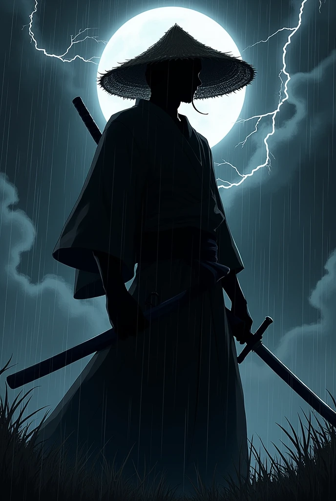 Demon Slayer riichi Tsugikuni。silhouette，There is a black moon in the background。。、Show me the sword、He is wearing a straw hat，The color is black.、The moon is in the center of the body、No Face。rain，thunder⚡，