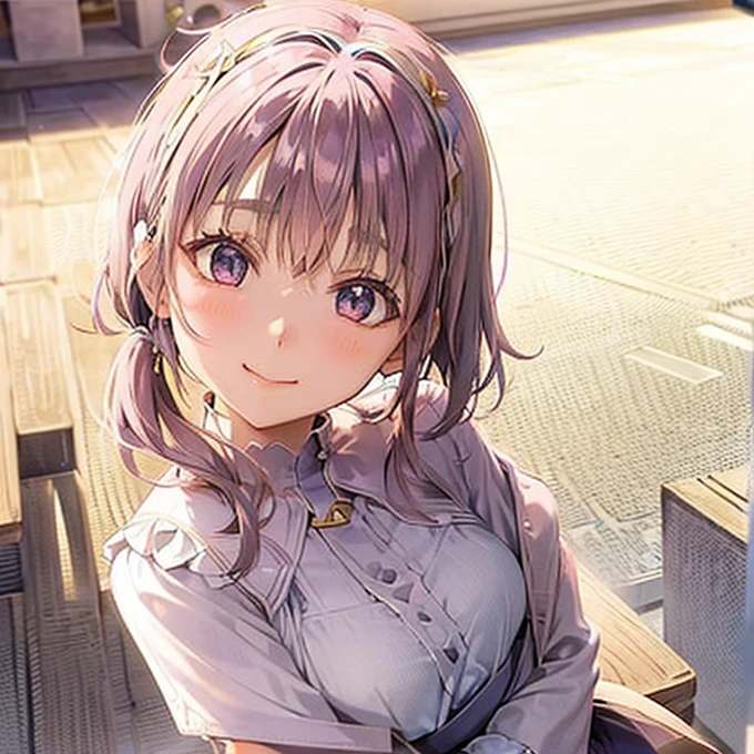 Young elementary school girl, lilac hair, side ponytail, princess crown, purple eyes, white dress, flat chest, medieval, gentle smile, standing, sunlight, palace
