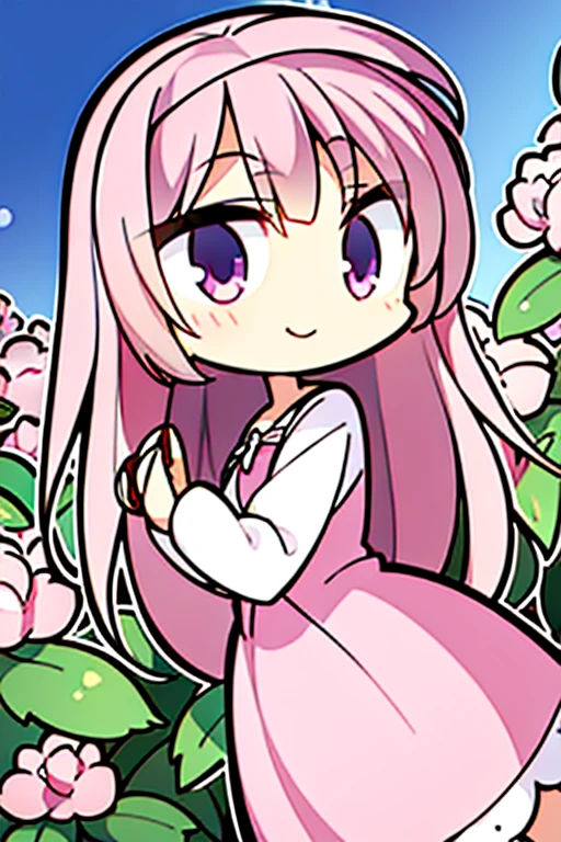 Perfect face. Perfect hands. A pink haired woman with violet eyes with an hourglass figure in a pink dress is smiling while picking flowers in a garden of peonies