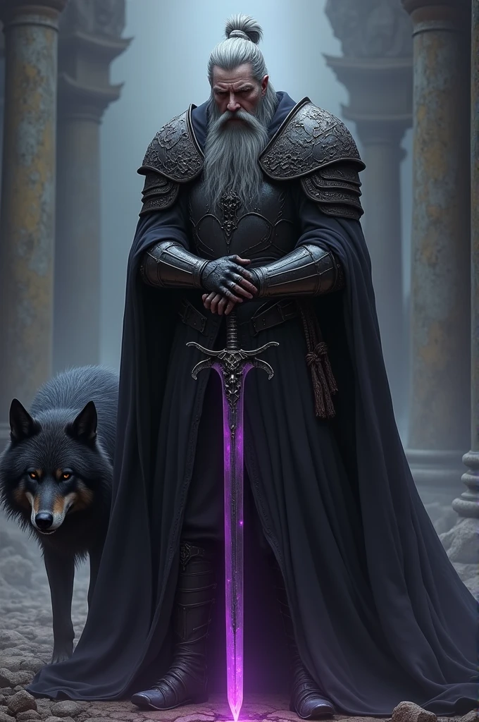 a 40 year old paladin, 1,88 tall, fair-skinned human, Long gray hair tied in a bun, He has a full, greybeard. This warrior is dressed in black armor, with carved arachnid details, this armor has a purple glow, emanating an evil presence. The Paladin has in his eyes, An expression of vengeance. Their hands are intertwined, resting on a long black sword., nailed to the ground. At his side a dire wolf, by the black ones like the night growling, this one wears armor
