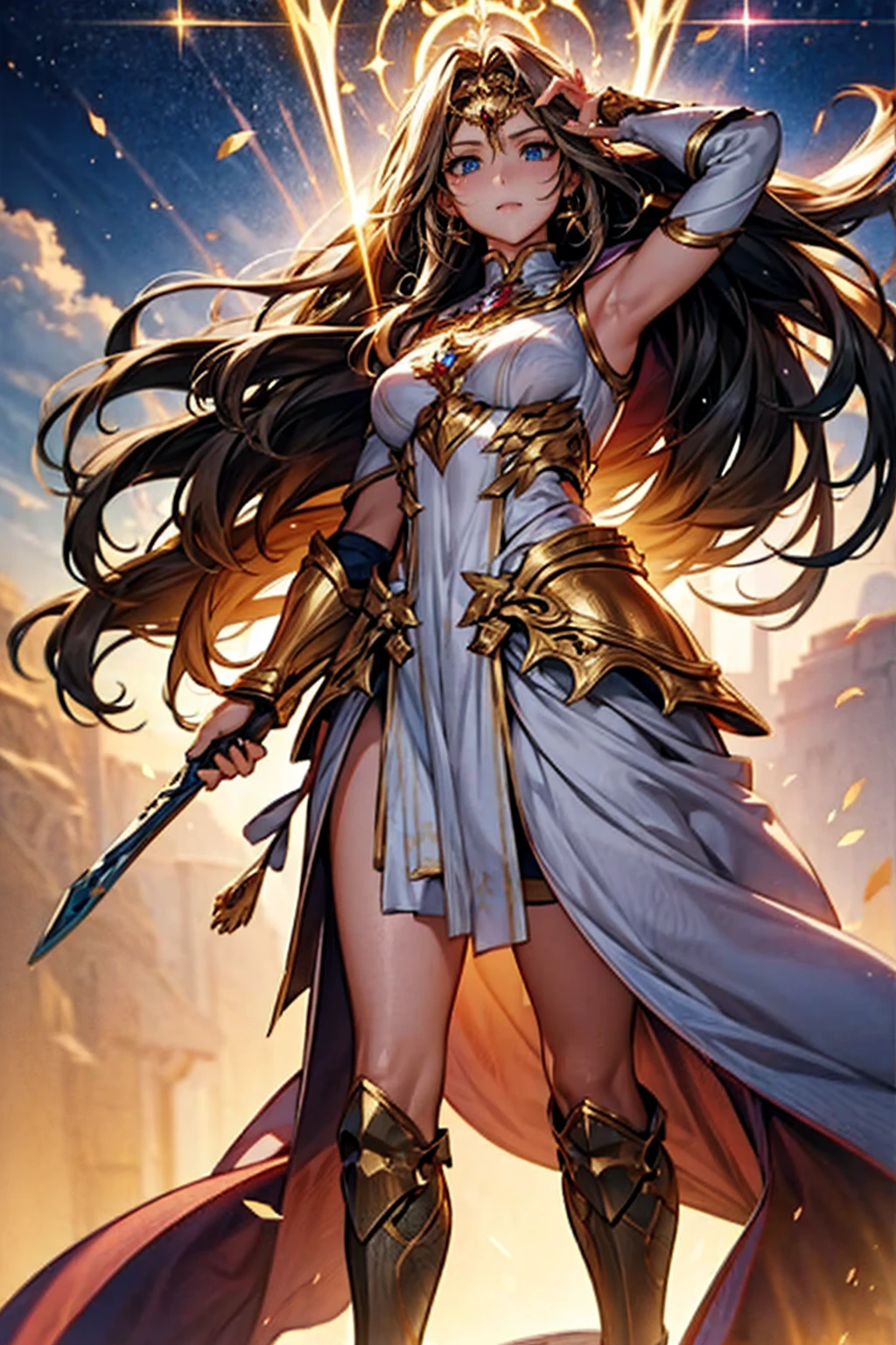 "An anime-style illustration of a strong, radiant female warrior standing confidently, with her entire body visible. She is adorned in gleaming armor with golden accents that reflect the light, and her long flowing hair glows with an ethereal, almost divine light. Her eyes are bright and determined, embodying the essence of courage and bravery. Instead of holding a sword, she is gracefully lifting her hair with one hand, showcasing a calm yet powerful demeanor. The background is a bright, celestial scene with beams of light shining down, casting her in a heroic aura. The overall design should evoke a sense of strength, hope, and the power of light, making it a perfect fit for the 'Brave Music' YouTube channel. The character should be depicted in full-body view, standing tall and confidently.",whole body