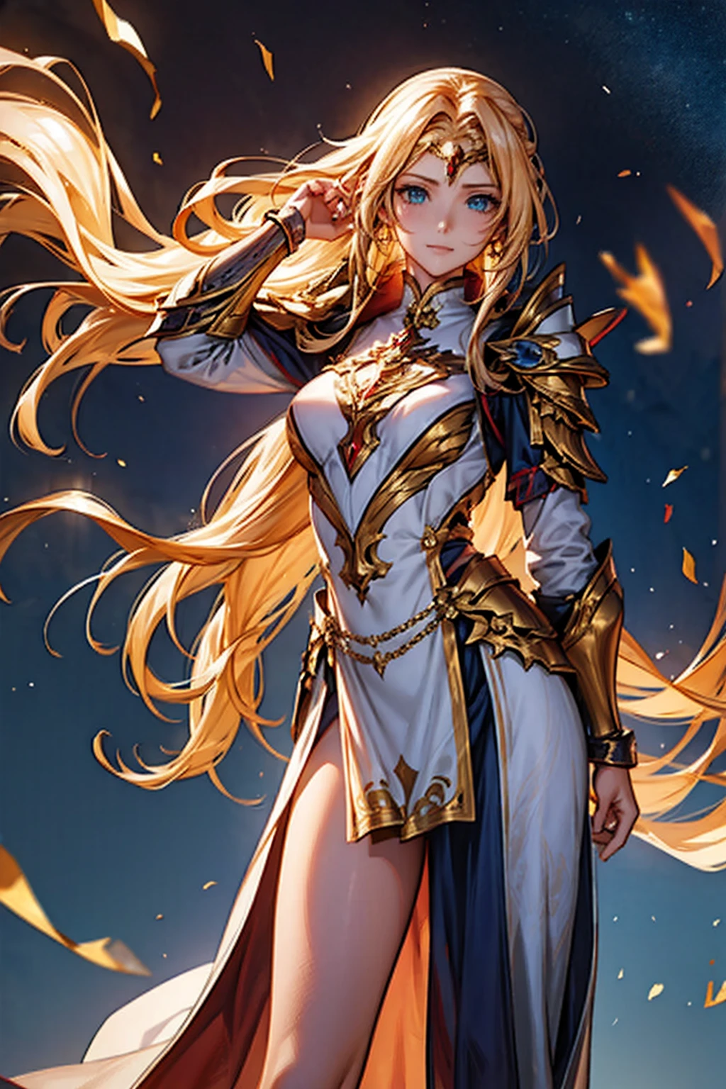 "An anime-style illustration of a strong, radiant female warrior standing confidently, with her entire body visible. She is adorned in gleaming armor with golden accents that reflect the light, and her long flowing hair glows with an ethereal, almost divine light. Her eyes are bright and determined, embodying the essence of courage and bravery. Instead of holding a sword, she is gracefully lifting her hair with one hand, showcasing a calm yet powerful demeanor. The background is a bright, celestial scene with beams of light shining down, casting her in a heroic aura. The overall design should evoke a sense of strength, hope, and the power of light, making it a perfect fit for the 'Brave Music' YouTube channel. The character should be depicted in full-body view, standing tall and confidently.",whole body