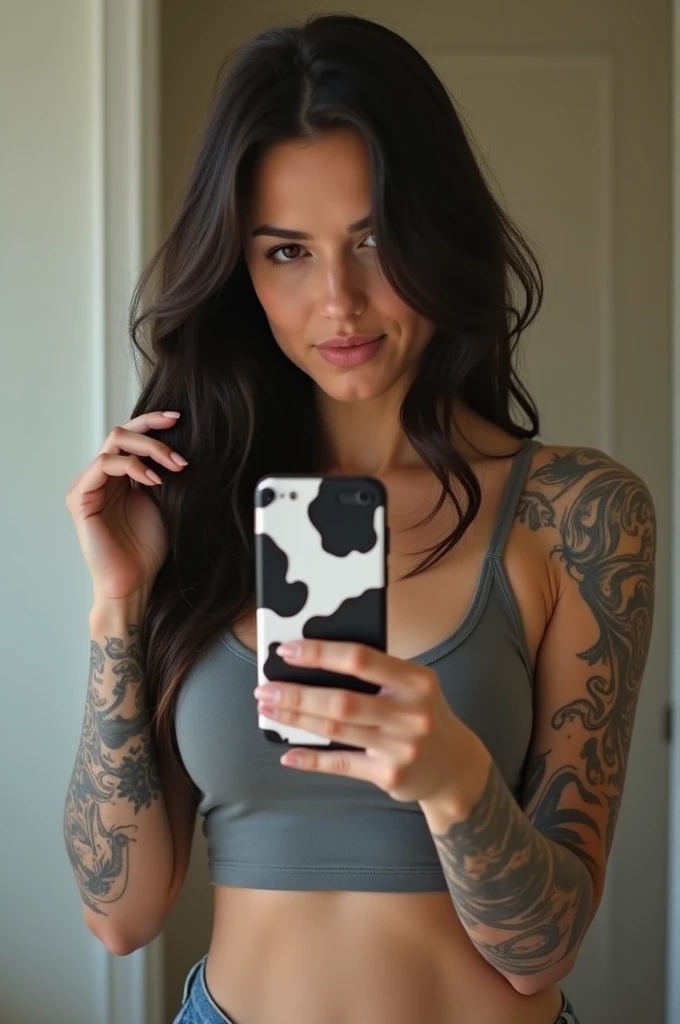 ((best quality)), ((masterpiece)), (detailed), perfect face, A fair-skinned woman taking a selfie in front of a mirror. Ela tem cabelos castanhos escuros, long and loose, and is wearing a gray tank top. She has several visible tattoos on her arms., on the stomach and near the neck. Woman holds a cell phone with a cover that is a cow spot pattern, using her right hand and with her left she is holding a part of her hair. The scene is a bathroom with a plain neutral colored wall in the background. 