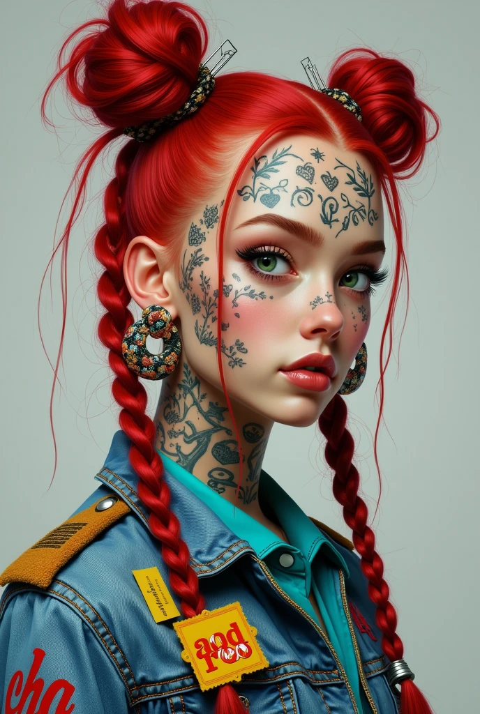 A highly detailed, hyper-realistic portrait painting of a young woman with vibrant crimson red hair styled in an elaborate high bun and two long braided pigtails. The hair features intricate braids and is adorned with various accessories including paper clips, tags, small yellow rectangular labels, and a prominent brown card with 'UNS' written in white bold letters. The woman's face is covered in elaborate tattoos with intricate designs including swirls, leaves, geometric patterns, triangles, and symbols like hearts and anchors. She has striking green eyes accentuated with heavy eyeliner and mascara, thick, well-defined eyebrows, and full lips with a glossy brown hue. Her skin is light beige with numerous small freckles scattered across her cheeks, nose, and forehead. The woman wears large hoop earrings on both ears, with one ear featuring multiple gauges. She's dressed in a denim jacket with various colorful patches, including a prominent yellow patch with frayed edges and the text 'ADD ROO' in red bold letters, over a turquoise shirt. The jacket features intricate tattoo-like designs, with the word 'CH' visible on the left shoulder. The background is plain light gray, ensuring all focus remains on the subject's detailed features and vibrant appearance. The lighting is soft and even, highlighting the textures and colors of the tattoos, hair, and accessories, while creating a balanced exposure that brings out the intense colors and intricate details of this modern, edgy, and artistic portrait.
