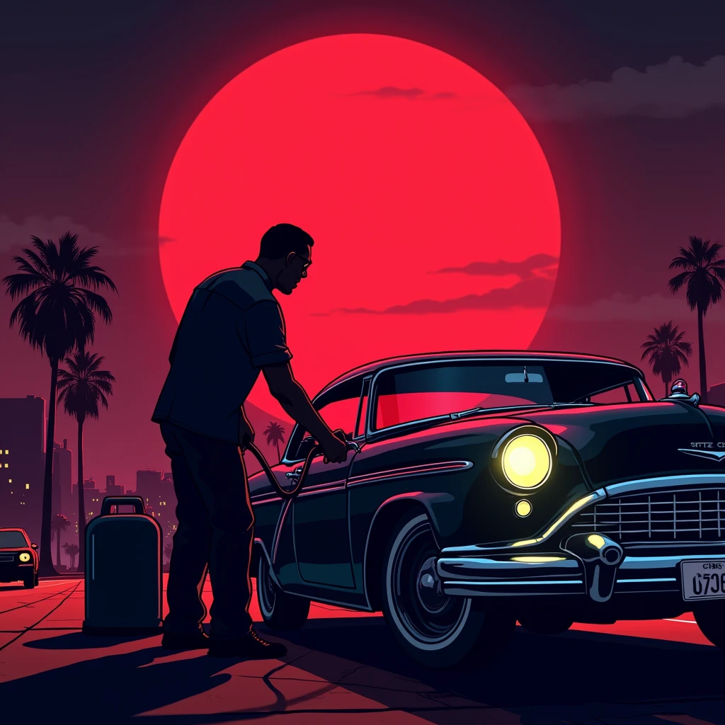 Black shadow of a man putting gas in his classic cartoon style car, Vice City GTA, red moon background