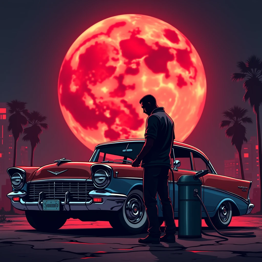 Black shadow of a man putting gas in his classic cartoon style car, Vice City GTA, red moon background