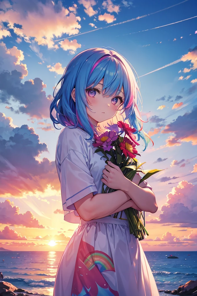A girl with rainbow-colored hair surrounded by large, colorful flowers, upper body, sunset, sea