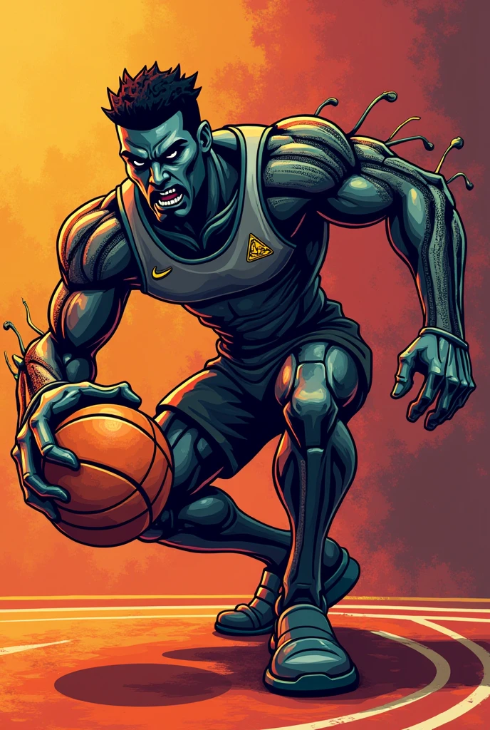 A stylized, dynamic vector illustration of a basketball, posed in a powerful, athletic stance, showcasing its Strength and agility, set against a bold, contrasting background that resonates with the energetic vibe of a basketball court, the buck s body is depicted in a metallic, , with intricate, geometric patterns and lines that evoke a sense of modernity and speed, with a fierce, determined gaze, the illustration style is sleek, streamlined, and graphic, with bold lines, and a mix of smooth, curved shapes and sharp, angular edges, the overall design is meant to evoke a sense of power, energy, and competitive spirit, perfect for a basketball jersey.