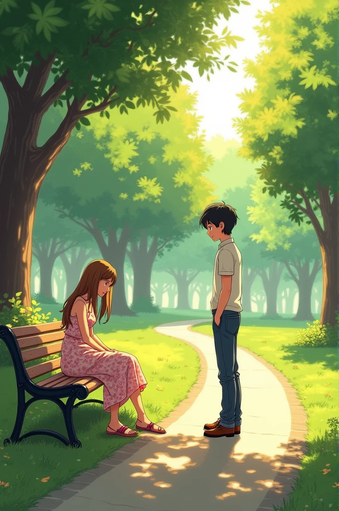 Chapter 1: “Meeting in the Park” General Description:
• Style: Romantic and emotional manga, with a focus on detailed facial expressions and cozy settings.
SCENE 1: Sunny Park • Characters:
• Mine: a 2 girl, long light brown hair, She wears a floral dress and has a melancholic expression..
• Hearing: A 2 young man, short black hair, He wears a white shirt and jeans. He has a kind and observant attitude.
• Action: Mina is sitting on a bench in the park, looking at the ground with sadness. Hearing, while walking in the park, He notices Mina and approaches her with curiosity.
• Dialogue: Hearing le pregunta a Mina si está bien, and Mina answers evasively. El capítulo termina con Hearing ofreciendo acompañarla a tomar un café para distraerse.
Description of the scene:
• The park has lush trees and a paved path. Sunlight filters through the leaves, creating a warm and calm atmosphere.