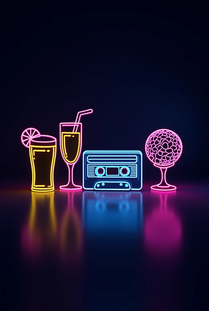 Create a very dark background with a few minimalist neon icons, including a brain, a cassette tape,  beer glasses, a cocktail glass,  a disco ball and more another party details. Use neon colors like yellow, blue, and pink for the icons. The design should be clean and focused, with no additional elements or textures.
