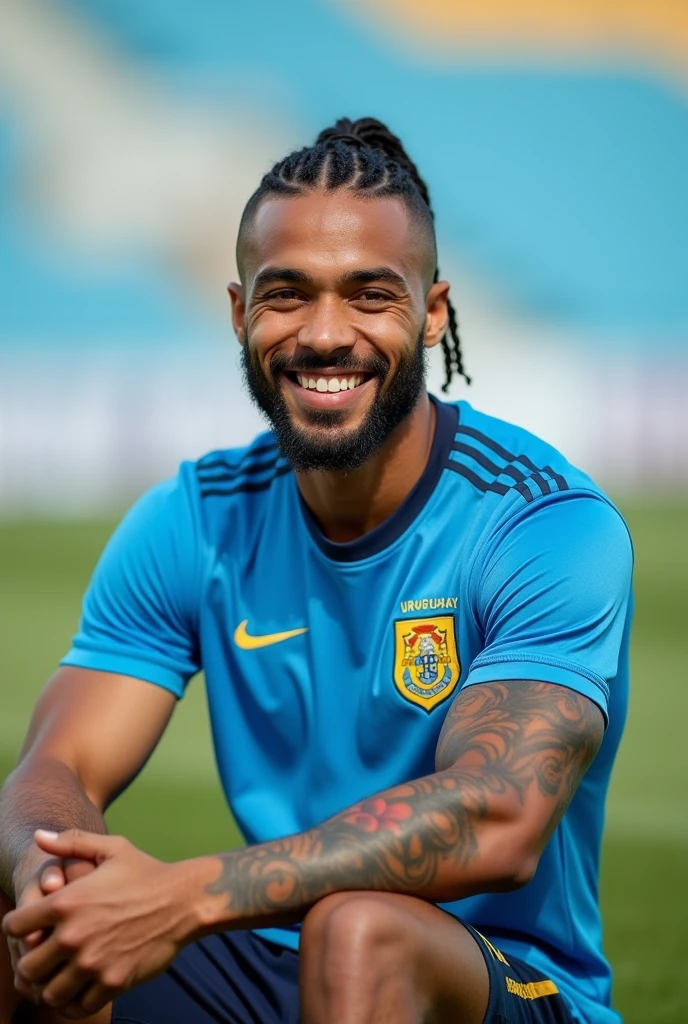 Young man with white skin, brown eyes, lips *thick body* Athletic masculine energy and sexy black hair shaved on the sides with a gradient and braids defined chin trimmed beard colorful tattoo wearing a light blue and white stadium sitting on the grass wearing a Uruguay shirt happy wide photo