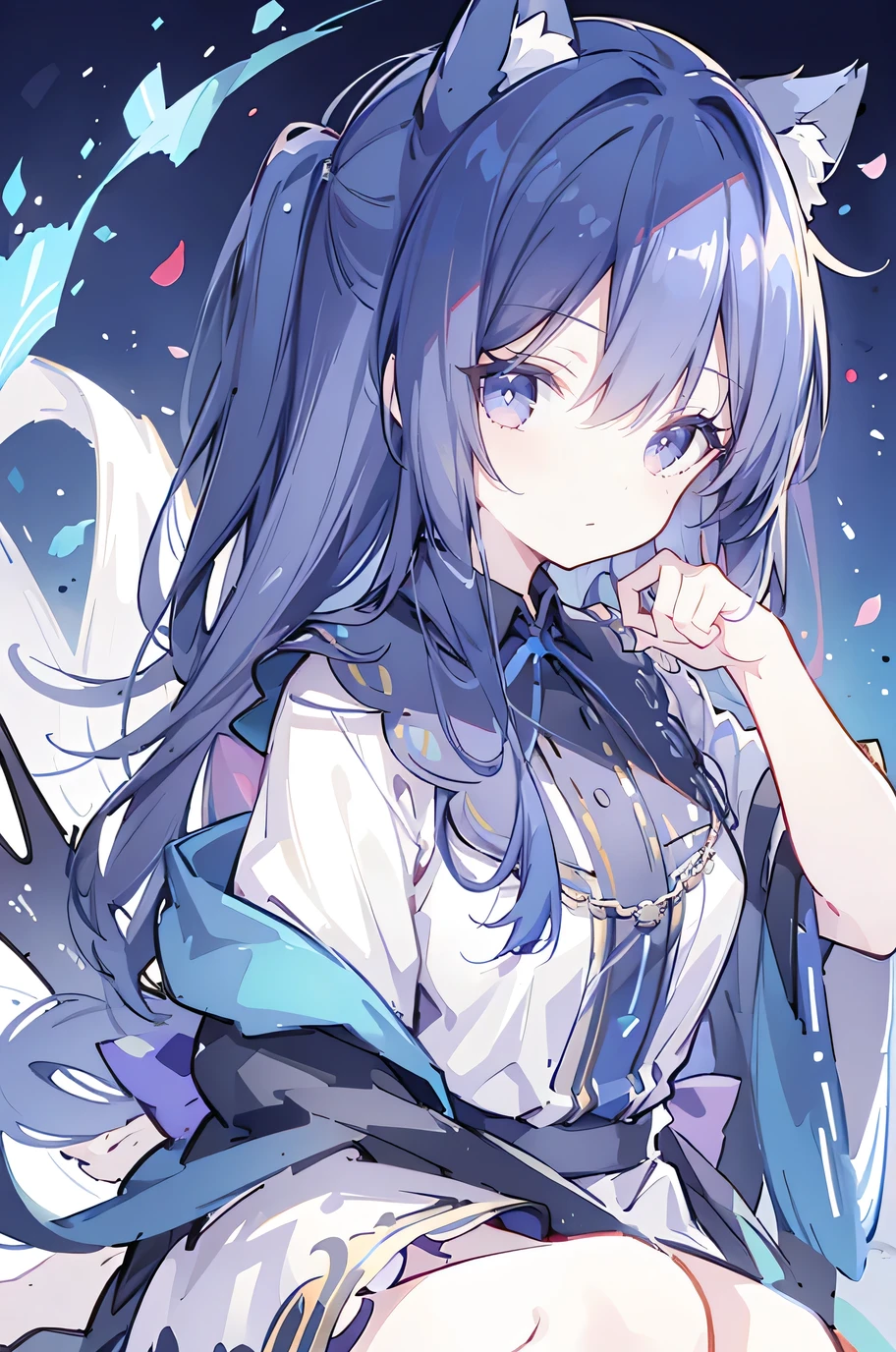 (Upper body close-up)，Ultra-detailed，lifelike，The eyes are expressive，Fair skin，Perfect face shape，1 girl，Japanese Manga，Gorgeous blue hair，Flowing blue hair，Flowing clothes，Cat ears，Petals falling，Shy face，sitting on window，Place your hand on your lips,masterpiece, absurdres, novel cover, cover illustration, 1girl, solo, dark blue-haired ponytail, mage robes, flower background, clock background, monochrome, line drawing