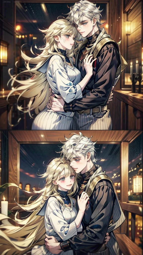 (32K:1.9, Realistic:1.9, Highest quality, masterpiece, Ultra-high resolution), Perfect dynamic composition:1.3, Highly detailed skin and facial textures:1.3, (Cute sexy slim Japanese schoolgirl, Tall and slim man), (Man hugging woman:1.5), Fair skin, ((Clarity:1.1)), (Man is anime「Demon slayer」Duma, Long silver-blonde hair, Rainbow Eyes), (The woman is wearing a uniform of a blazer and a red tie.., smile:0.9, A man completely charms a woman:0.9, beautiful Blue Eyes, beautiful, Clear Eyes:0.8), Sexy Face:0.4, blush:1.1, (beautifulエロティシズムを醸し出す雰囲気:0.8), The woman has long black hair, Professional random camera work, Cinematic Lighting Effects, ((Full Body Shot)), ((Too erotic:0.9)) , romantic, mysterious, Object of admiration, original, dramatic, artistic, Innovative, charm, Heartful, Fancy, Tilt, sense of loss, special, exciting, Extreme, sense of openness, joy, joyの表現, ((若さのcharm, 女性的なcharm))