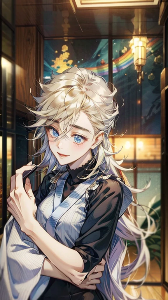 (32K:1.9, Realistic:1.9, Highest quality, masterpiece, Ultra-high resolution), Perfect dynamic composition:1.3, Highly detailed skin and facial textures:1.3, (Cute sexy slim Japanese schoolgirl, Tall and slim man), (Man hugging woman:1.5), Fair skin, ((Clarity:1.1)), (Man is anime「Demon slayer」Duma, Long silver-blonde hair, Rainbow Eyes), (The woman is wearing a uniform of a blazer and a red tie.., smile:0.9, A man completely charms a woman:0.9, beautiful Blue Eyes, beautiful, Clear Eyes:0.8), Sexy Face:0.4, blush:1.1, (beautifulエロティシズムを醸し出す雰囲気:0.8), The woman has long black hair, Professional random camera work, Cinematic Lighting Effects, ((Full Body Shot)), ((Too erotic:0.9)) , romantic, mysterious, Object of admiration, original, dramatic, artistic, Innovative, charm, Heartful, Fancy, Tilt, sense of loss, special, exciting, Extreme, sense of openness, joy, joyの表現, ((若さのcharm, 女性的なcharm))