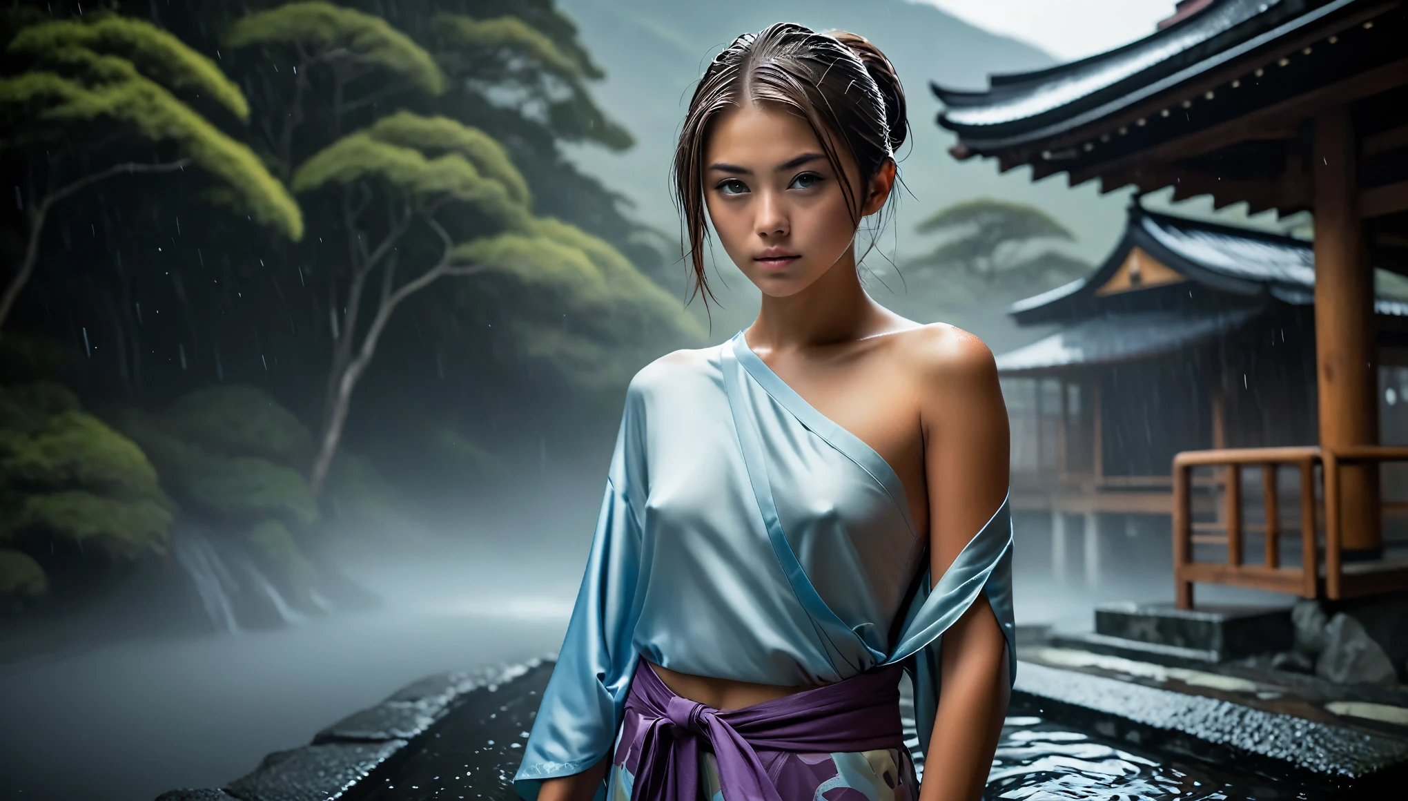 Top Quality, Masterpiece, High Resolution, 8k, (((cute barely legal girl standing in oversized silky Spa Wrap Top, random color, wide neckline, deep neckline, small perky breasts, beautiful detailed eyes, beautiful detailed lips, small closed mouth, extremely detailed face, long pixie asymmetrical hair style, small hips))), BREAK ((japanese onsen, wet and steamy atmosphere, intricate details, at night, backlit, full body shot, view from distance))