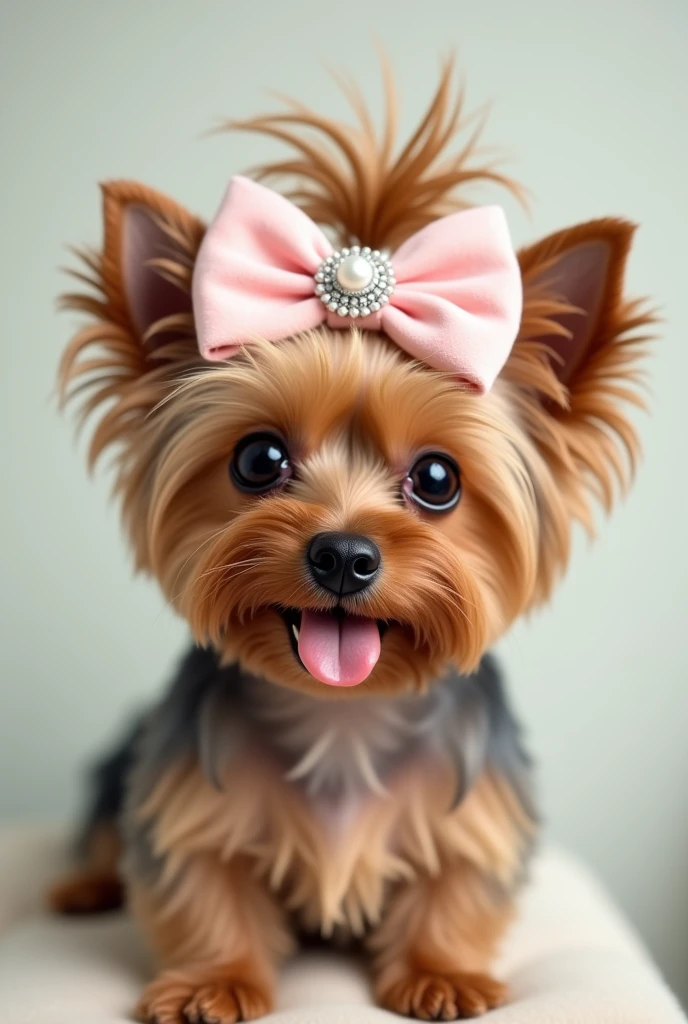 A female yorkshire, brown fur with a round and delicate face, with the tongue out and a large crossed bow with tips near the eyes on the light pink velvet topknot with pearl and rhinestone application in the middle of the bow like a round brooch.