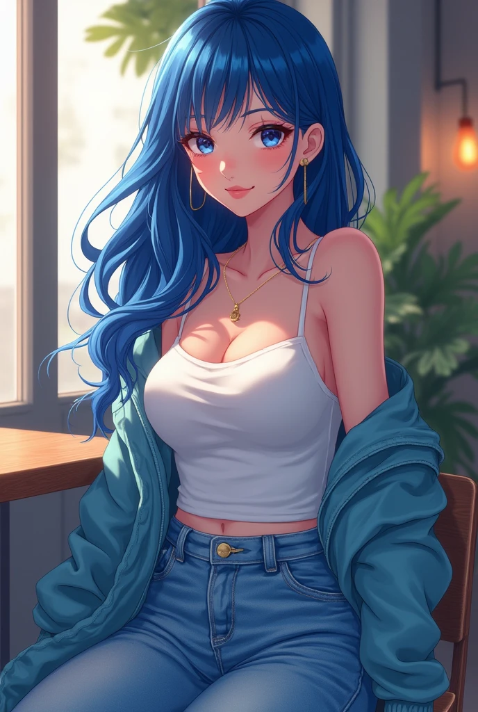 Anime-style masterpiece, graceful woman with striking sapphire-blue hair, cascading waves framing her face, sitting comfortably in meticulously detailed, casual denim jeans, light fabric texture reflecting soft ambient light, delicate features enhancing her expressive gaze, serene expression radiating confidence and tranquility, positioned in a cozy outfit against a harmonious backdrop, softly blurred background suggesting an urban cafe setting with hints of greenery, atmospheric lighting creates a warm, inviting ambiance, gentle pastel hues complementing her vibrant hair and jeans, balanced composition with attention to proportions and character detail, capturing the essence of modern fashion through an anime lens, fluid lines and bold colors emphasizing her figure, ethereal glow surrounding her lends to the dreamlike quality of the scene, soft shadows enhancing the depth and interest, overall mood infused with a sense of calm and charm, stylized in traditional anime art techniques with clean lines and flat color shading, digital illustration process incorporating highlight and shadow techniques for enhanced dimensionality.