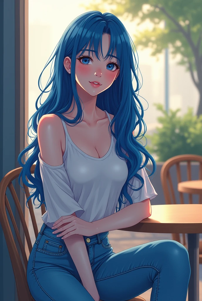 Anime-style masterpiece, graceful woman with striking sapphire-blue hair, cascading waves framing her face, sitting comfortably in meticulously detailed, casual denim jeans, light fabric texture reflecting soft ambient light, delicate features enhancing her expressive gaze, serene expression radiating confidence and tranquility, positioned in a cozy outfit against a harmonious backdrop, softly blurred background suggesting an urban cafe setting with hints of greenery, atmospheric lighting creates a warm, inviting ambiance, gentle pastel hues complementing her vibrant hair and jeans, balanced composition with attention to proportions and character detail, capturing the essence of modern fashion through an anime lens, fluid lines and bold colors emphasizing her figure, ethereal glow surrounding her lends to the dreamlike quality of the scene, soft shadows enhancing the depth and interest, overall mood infused with a sense of calm and charm, stylized in traditional anime art techniques with clean lines and flat color shading, digital illustration process incorporating highlight and shadow techniques for enhanced dimensionality.