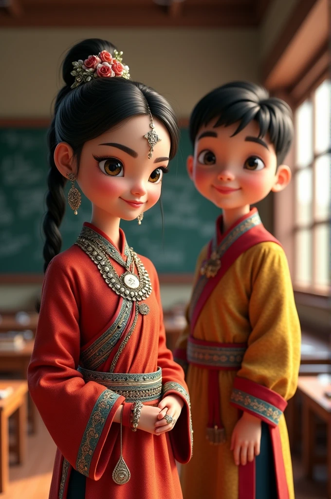 A girl and a boy. The girl should wear a beautiful kira with many  silver jelwelries. The girl should a a ring written nima . The boy should wear gho . The boy should wear a ring written Rekrith. The location it is at school 