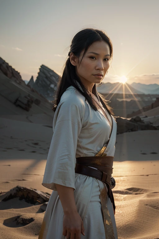Medium shot. Lucy Liu stands in a desolate star wars landscape, wearing a white Jedi outfit. Soft, warm light of twin suns casts a glow on her face, contrasting with the dark shroud of the surroundings. Subtle lens flare. Sharp focus on her face, amidst the faded, tattered robes. Warm, golden, sunset background, warm golden hue, post-processed, live-action, a masterpiece,Alta resolución,