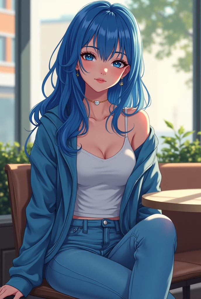Anime-style masterpiece, graceful woman with striking sapphire-blue hair, cascading waves framing her face, sitting comfortably in meticulously detailed, casual denim jeans, light fabric texture reflecting soft ambient light, delicate features enhancing her expressive gaze, serene expression radiating confidence and tranquility, positioned in a cozy outfit against a harmonious backdrop, softly blurred background suggesting an urban cafe setting with hints of greenery, atmospheric lighting creates a warm, inviting ambiance, gentle pastel hues complementing her vibrant hair and jeans, balanced composition with attention to proportions and character detail, capturing the essence of modern fashion through an anime lens, fluid lines and bold colors emphasizing her figure, ethereal glow surrounding her lends to the dreamlike quality of the scene, soft shadows enhancing the depth and interest, overall mood infused with a sense of calm and charm, stylized in traditional anime art techniques with clean lines and flat color shading, digital illustration process incorporating highlight and shadow techniques for enhanced dimensionality.
