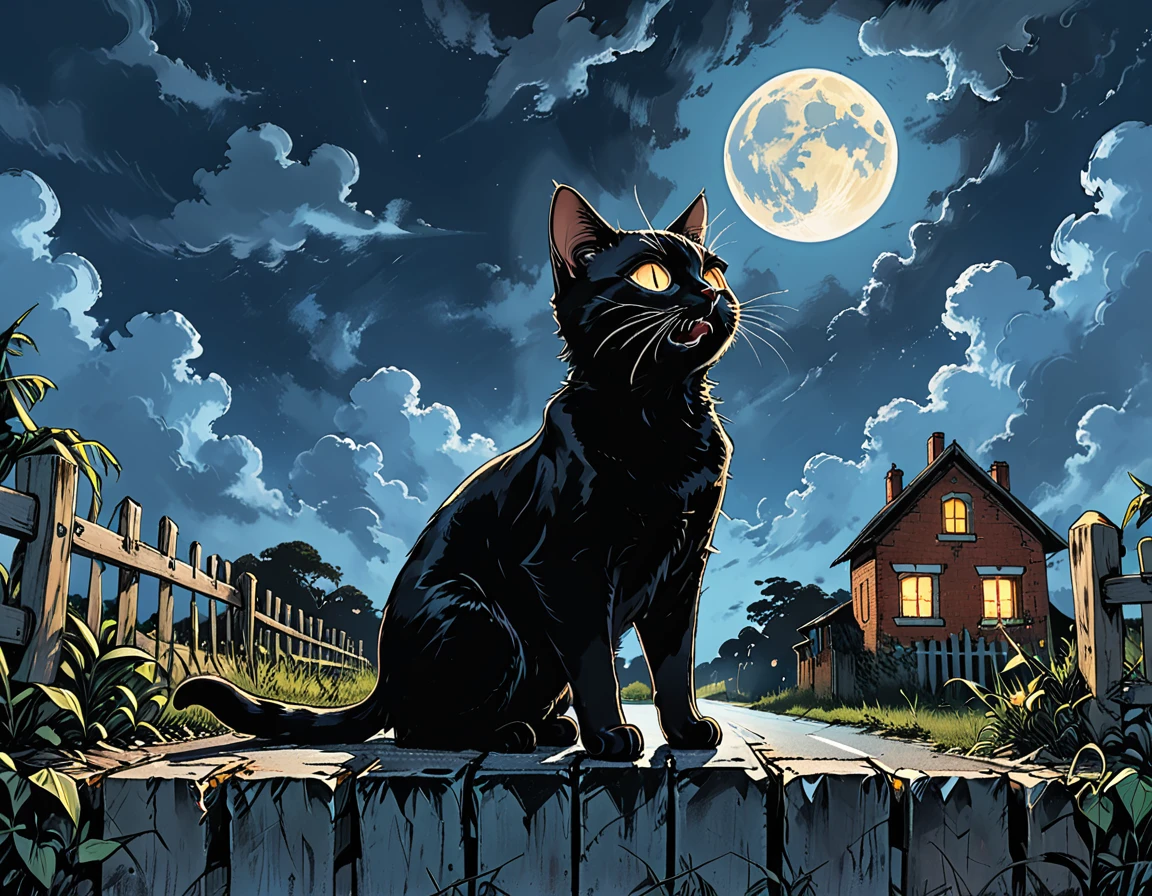 (open mouth), 
(low viewing angle),
night, black cat, moon, glowing eyes, 
the cat drinks milk on the road, ((high brick fence)), bottom view, tropics, clouds, graphic style of novel comics,  2d, 8k, hyperrealism, masterpiece, high resolution, best quality, ultra-detailed, super realistic, Hyperrealistic art, high-quality, ultra high res, highest detailed, lot of details, Extremely high-resolution details, incredibly lifelike, colourful, soft cinematic light,