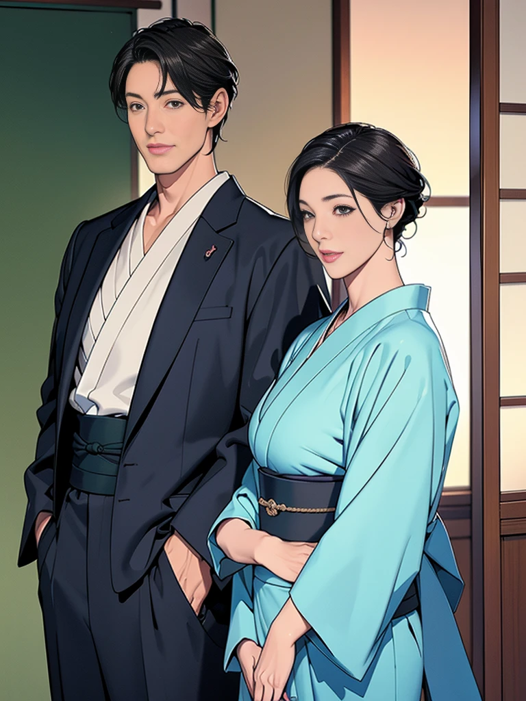 Double，Japanese Wind，Photorealism，detailed，masterpiece，Mature，Gentle men in suits and big-breasted women in kimonos，Smile，Standing，short hair
