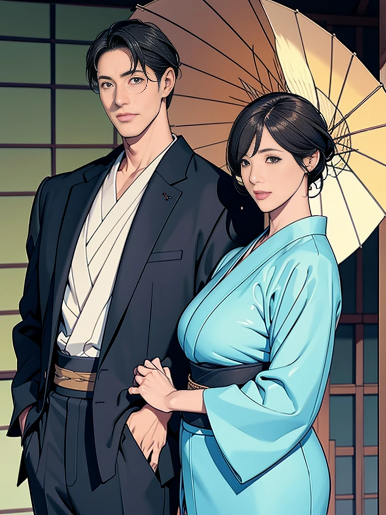 Double,Japanese Wind,Photorealism,detailed,masterpiece,Mature,Gentle men in suits and big-breasted women in kimonos,Smile,Standing,short hair