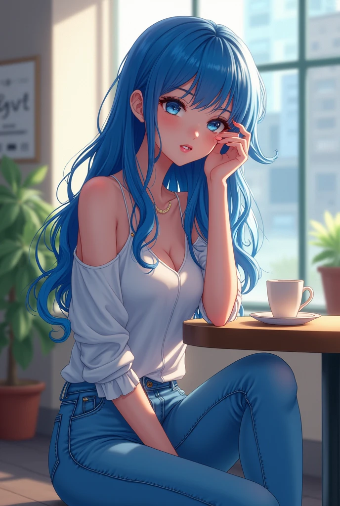 Anime-style masterpiece, graceful woman with striking sapphire-blue hair, cascading waves framing her face, sitting comfortably in meticulously detailed, casual denim jeans, light fabric texture reflecting soft ambient light, delicate features enhancing her expressive gaze, serene expression radiating confidence and tranquility, positioned in a cozy outfit against a harmonious backdrop, softly blurred background suggesting an urban cafe setting with hints of greenery, atmospheric lighting creates a warm, inviting ambiance, gentle pastel hues complementing her vibrant hair and jeans, balanced composition with attention to proportions and character detail, capturing the essence of modern fashion through an anime lens, fluid lines and bold colors emphasizing her figure, ethereal glow surrounding her lends to the dreamlike quality of the scene, soft shadows enhancing the depth and interest, overall mood infused with a sense of calm and charm, stylized in traditional anime art techniques with clean lines and flat color shading, digital illustration process incorporating highlight and shadow techniques for enhanced dimensionality.