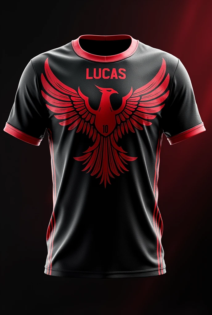 Make an image of an interlayer shirt with a black background and red details, with the phoenix mascot and phoenix wing on the shirt, the shirt front and back with the name “Lucas”, and the number “10”