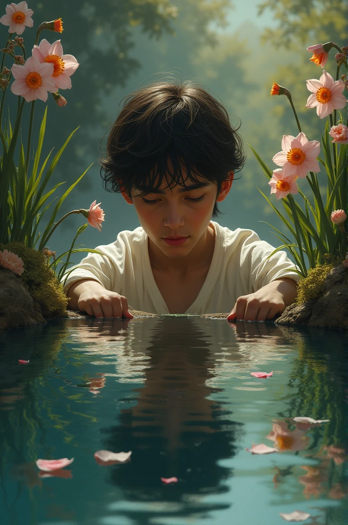The image of Narcissus admiring in pain his reflection on a lake, dead flowers surrounding him and narcissus flowers around the lake