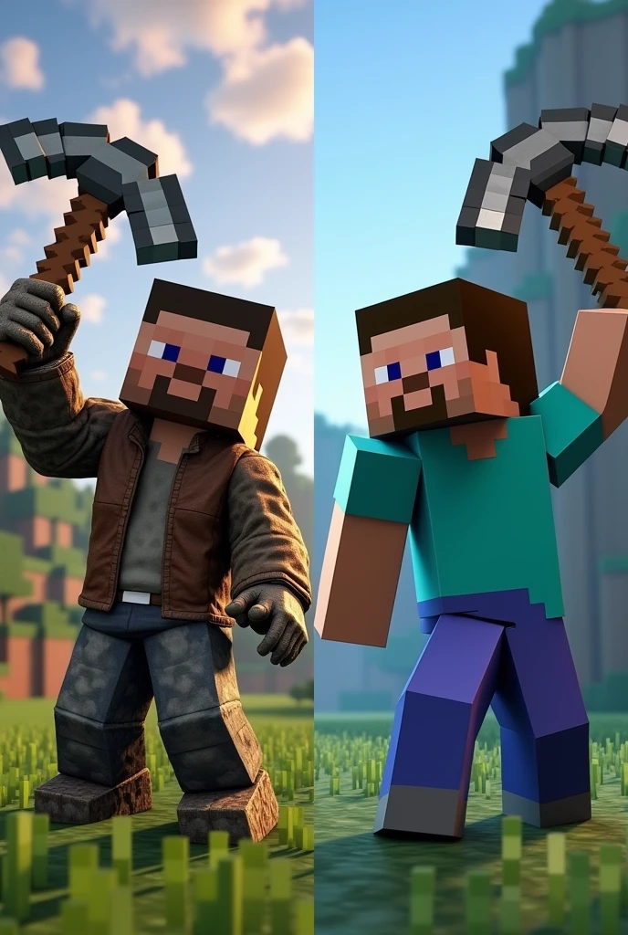A split in half image with half ark survival evolved character holding a pickaxe from the game and the other half a Minecraft character with a pickaxe from that game in hand.