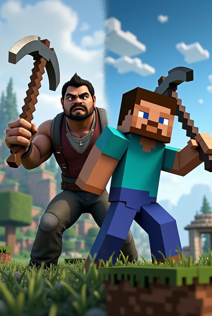 A split in half image with half ark survival evolved character holding a pickaxe from the game and the other half a Minecraft character with a pickaxe from that game in hand.