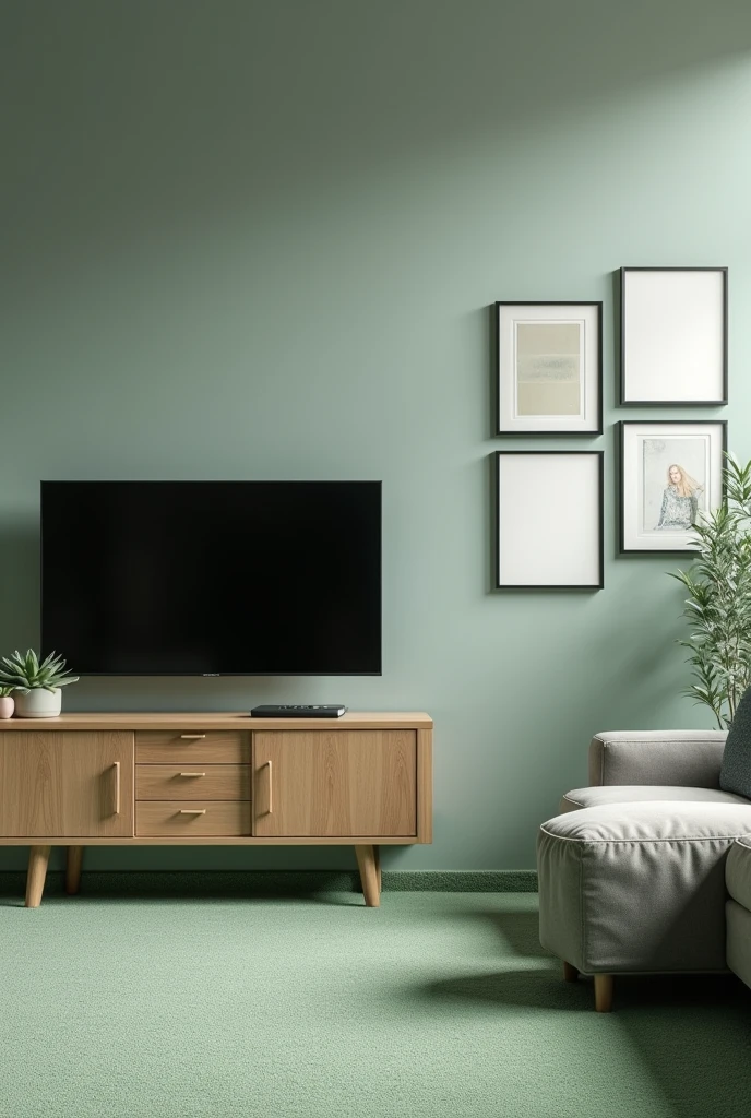 Create for me a picture of a room painted gray with green carpet with a flat Television but on right side of TV should have a picture Gallery Wall with five picture on the right side of TV 