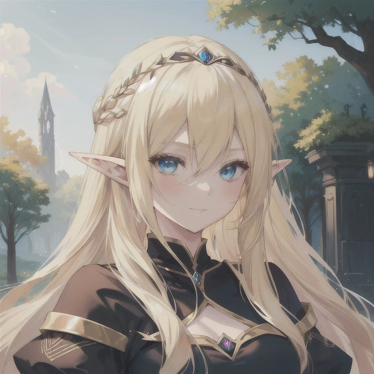 anime girl with blonde hair and blue eyes in a black dress, elf girl, of an elden ring elf, alluring elf princess knight, portrait of an elf queen, an elf queen, elf queen, elf princess, elven character with smirk, female elf, a portrait of an elf, detailed digital anime art, extremely detailed artgerm